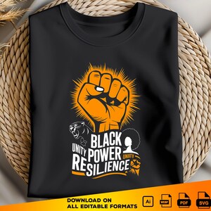 May include: Black t-shirt with an orange fist raised in the air. The text "Black Power Unity Resilience" is printed on the shirt in orange and white.