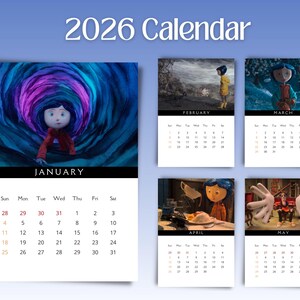 May include: 2026 calendar featuring illustrations from a stop-motion animated film. The calendar includes images for January, February, March, April, and May. Each month displays a calendar grid with dates.