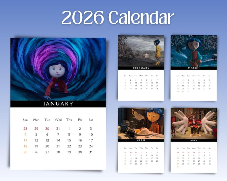 May include: 2026 calendar featuring illustrations from a stop-motion animated film. The calendar includes images for January, February, March, April, and May. Each month displays a calendar grid with dates.