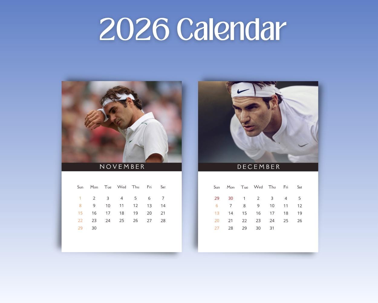 ロジャー・フェデラー 2026 カレンダー - Etsy 日本