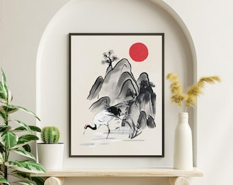 Japanese Crane Art Print: Wabi-Sabi Japandi Decor (Digital Download)