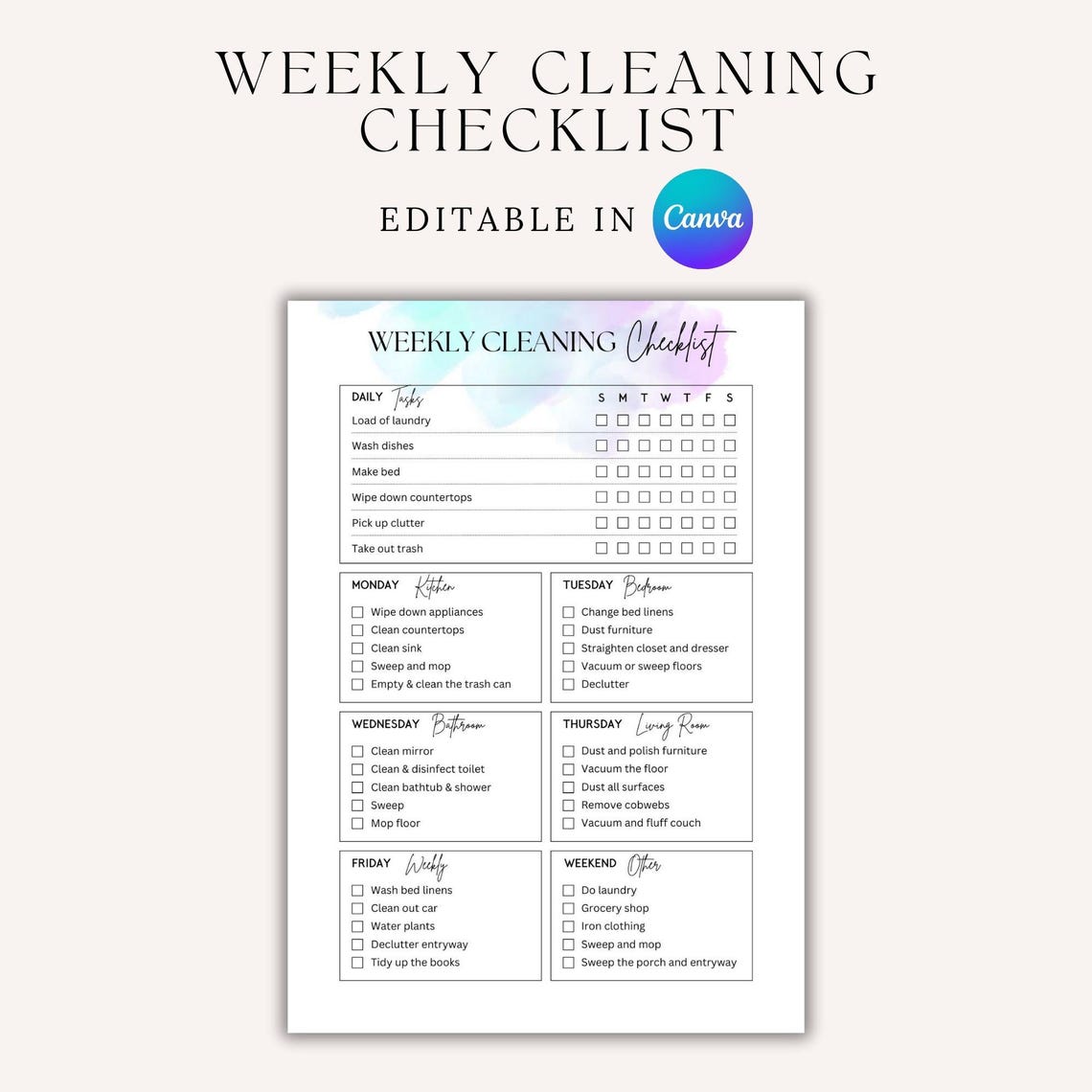 Editable Weekly Cleaning Checklist Template | Printable Cleaning ...