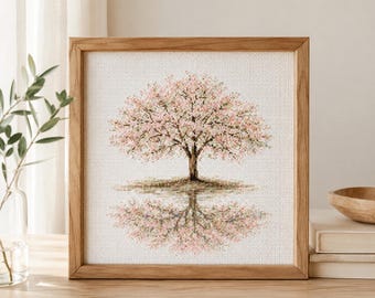 桜のクロスステッチ図案、ロマンチックな春の小道の刺繍デザイン、桜