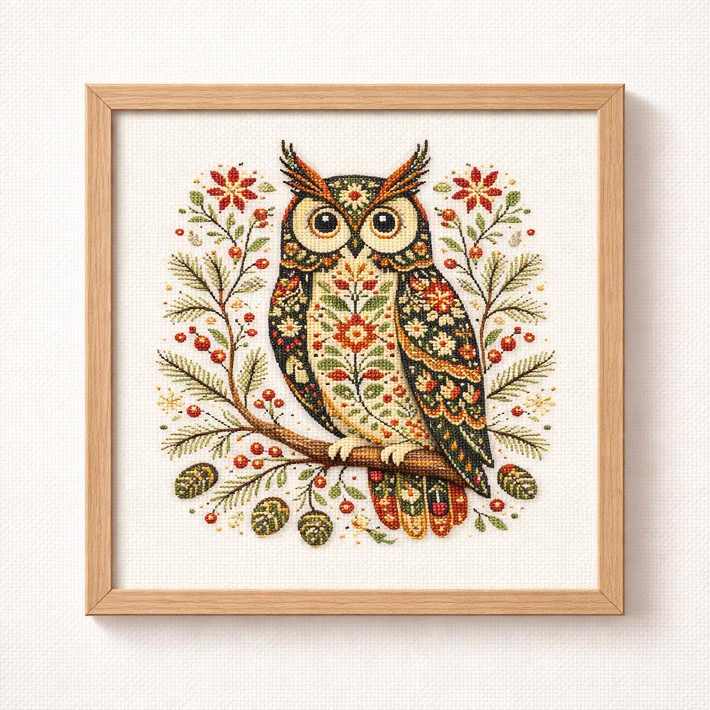 Scandinavian Folk Art Owl Cross Stitch Pattern PDF Floral Bird Embroidery Chart Instant Download