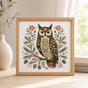 Skandinavisk folkkonst Uggla Korsstygnsmönster PDF Blommor Fågel Broderidiagram Direkt Nedladdning