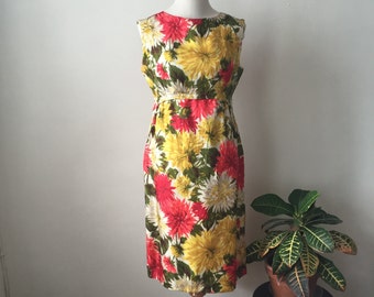 Vintage 1960s Pink and Yellow Silk Floral Cocktail Dress