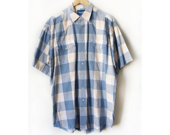 Vintage 80s Wrangler Wester Short Sleeve Blue Plaid Button Up