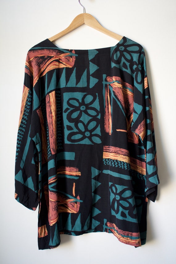 Vintage 70s Black Geo Printed 3/4 Sleeve Tunic Si… - image 2