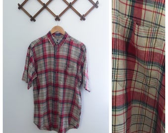 Vintage 90s Short Sleeve Red Plaid Pendleton Button Up Medium