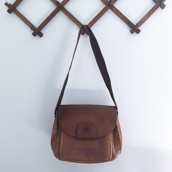 Vintage 70s Tooled Leather Shoulder Bag