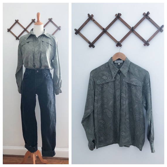 Vintage 70s Burberry Green Paisley Silk Blouse Med