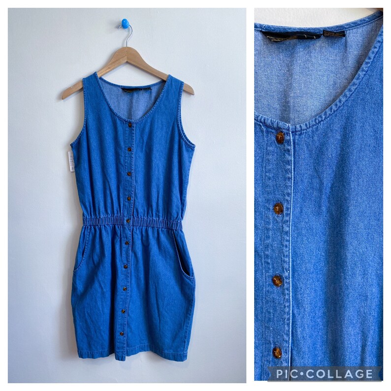 Vintage 90s Button Front Denim Mini Dress Medium image 1