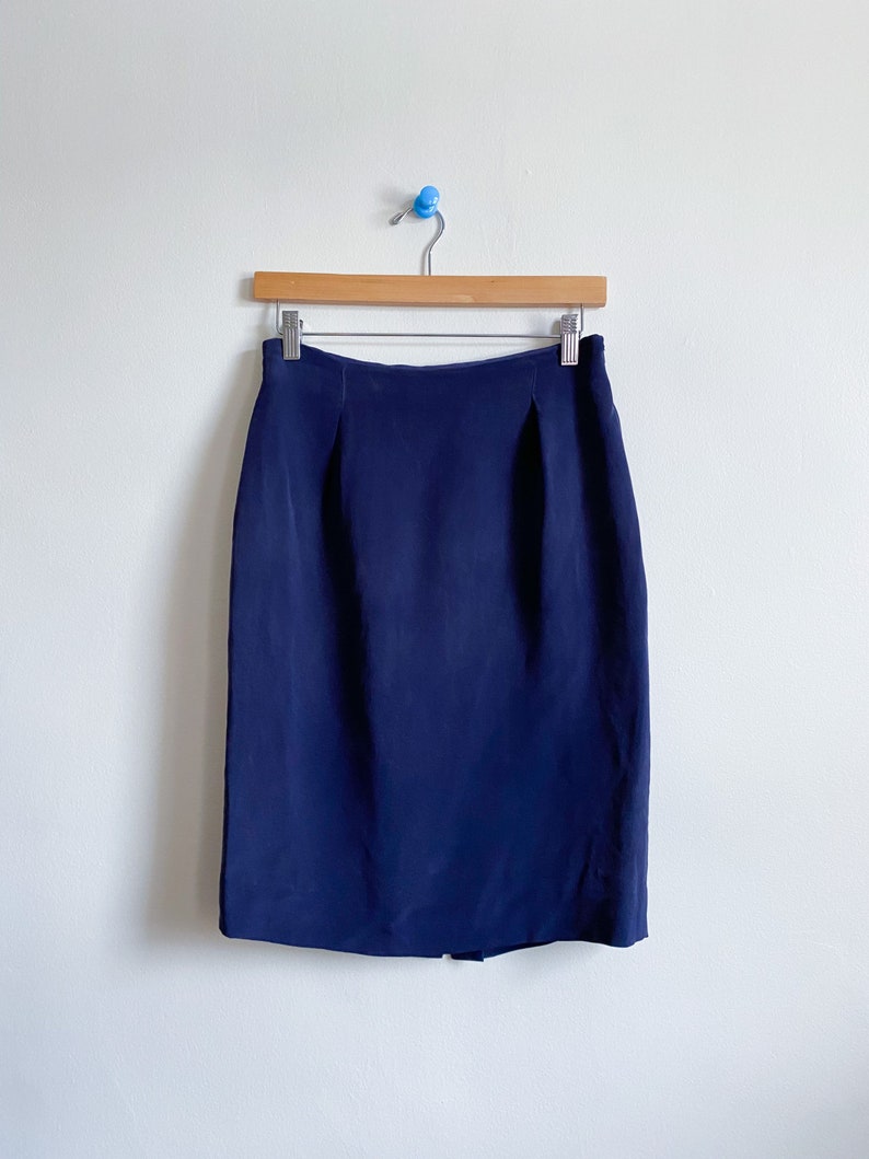 Vintage 90s Navy Blue Silk High Waisted Pencil Skirt Size 6 image 5