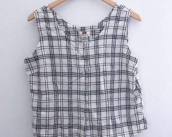 Vintage 90s White Plaid Button Front Tank Medium