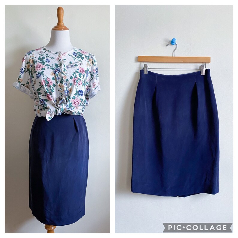 Vintage 90s Navy Blue Silk High Waisted Pencil Skirt Size 6 image 1
