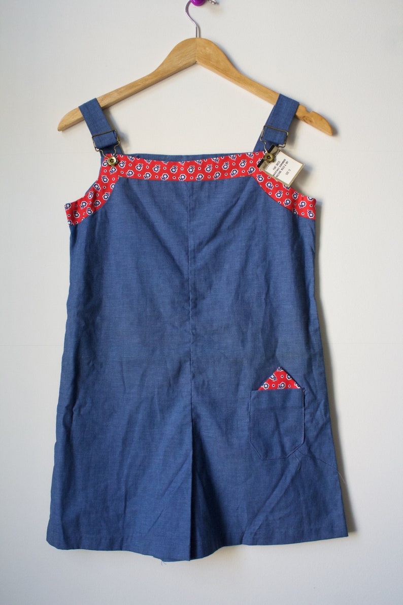 SALE Vintage 70s Deadstock Chambray Denim Red Trim Romper Size XXS
