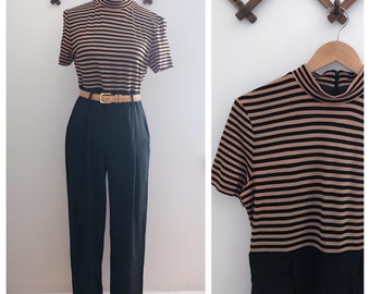 Vintage 90s Black Gold Mock Neck Striped Jumpsuit Small/4