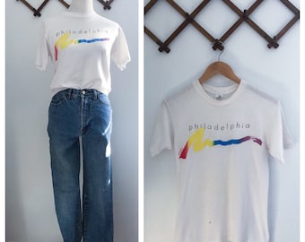 Vintage 80s Destroyed White Philadelphia Graphic Tee Small