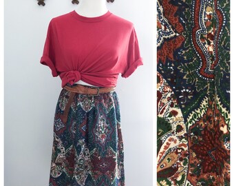 Vintage 70s Blue Green Paisley Midi Skirt Small