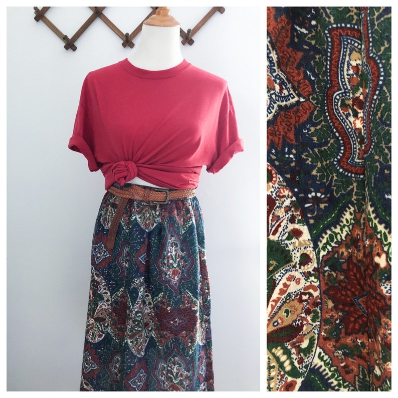 Vintage 70s Blue Green Paisley Midi Skirt Small image 1