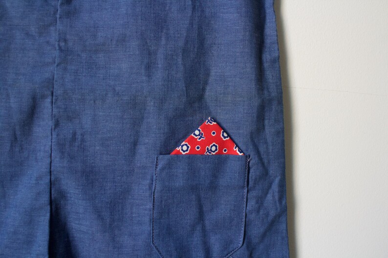 SALE Vintage 70s Deadstock Chambray Denim Red Trim Romper Size XXS