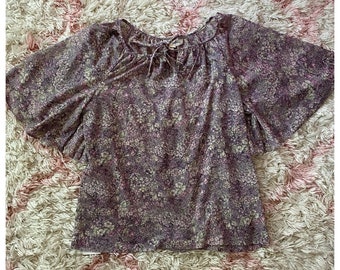 Vintage 70s Purple Floral Butterfly Sleeve Blouse Small/Medium