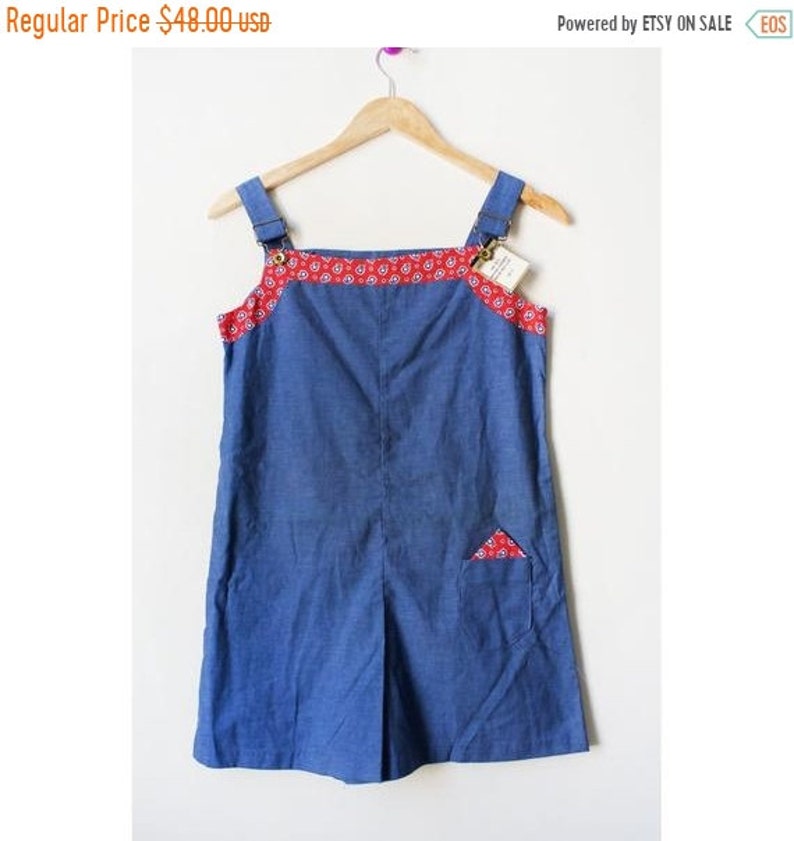 SALE Vintage 70s Deadstock Chambray Denim Red Trim Romper Size XXS
