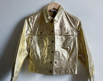 Vintage 90s Gold Metallic Leather Jacket XS