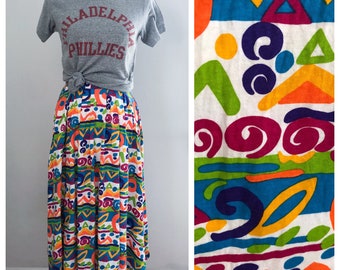 Vintage 90s Multi Colored Pleated Geometric Print Midi Skirt XSmall