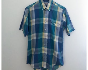 Vintage 60s Blue Short Sleeve Plaid Oxford Button Down Small