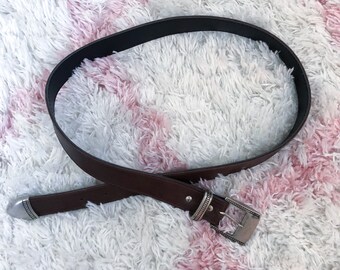 Vintage 90s Brown Faux Leather Silver Buckle Belt Medium