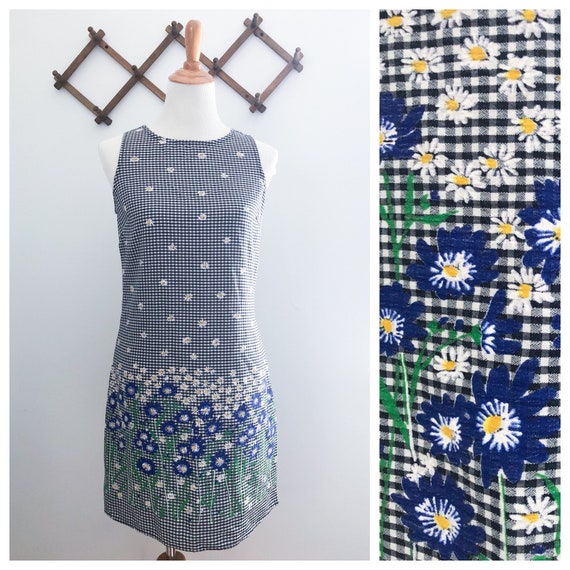 Vintage 90s Daisy Gingham Sleeveless Shift Dress X