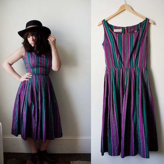 Vintage 60s Purple and Green Day Dress Midi Dress