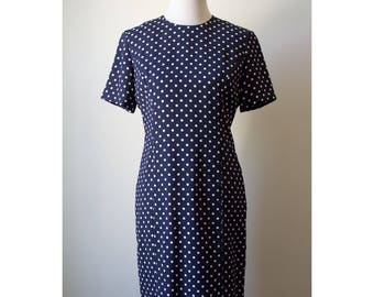 Vintage 80s Navy Polka Dot Short Sleeve Dress Size Small