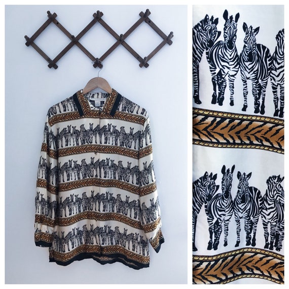 Vintage 80s Silk Zebra Print Novelty Blouse Med/La