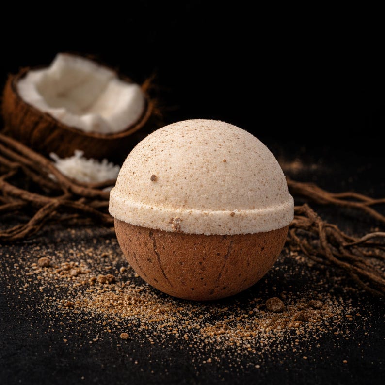 May include: A round, two-toned bath bomb with a light brown bottom and a speckled, off-white top. The bath bomb is surrounded by coconut shavings, a coconut shell, and brown twigs on a black surface. The bath bomb appears to be a spa or self-care product.