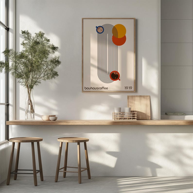 May include: A minimalist poster with a geometric design in black, orange, red, and blue. The poster features a curved line with a coffee cup at the bottom and the text "bauhauscoffee 1919".
