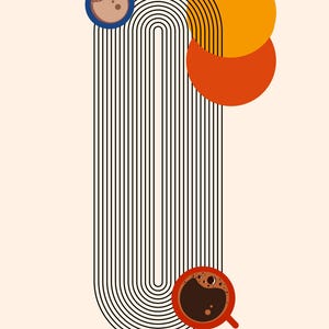 May include: A minimalist design featuring two coffee cups, one blue and one red, with coffee inside. The cups are placed on a black and white striped background with two orange and red circles.