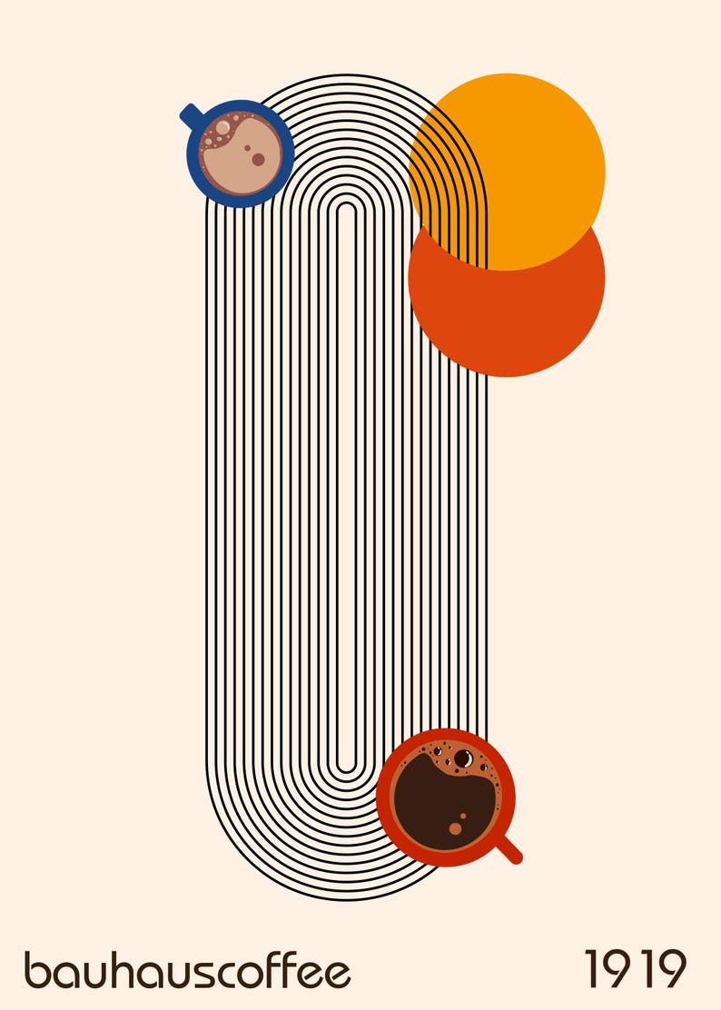 May include: A minimalist design featuring two coffee cups, one blue and one red, with coffee inside. The cups are placed on a black and white striped background with two orange and red circles.