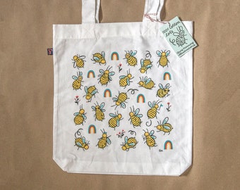 Organic cotton tote with Rainbows and Bees screen print