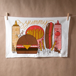 Flour sack tea towel with Hot Dog Hamburger print in yellow, red, tobacco and brown