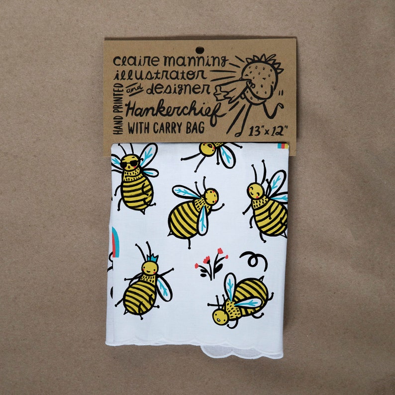 100% cotton handkerchief with scalloped edge with Bees and Rainbows screen print image 2