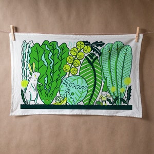 Flour sack tea towel with Greens Garden screen print