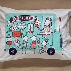 Doggone Delicious Ice Cream Truck pillow case in aqua, red and navy image 1