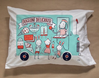 Doggone Delicious Ice Cream Truck pillow case in aqua, red and navy