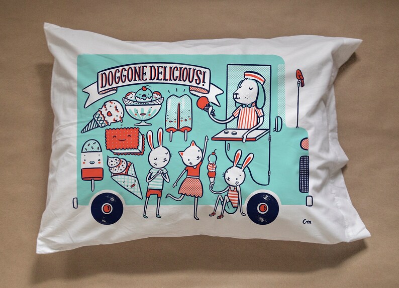 Doggone Delicious Ice Cream Truck pillow case in aqua, red and navy image 1