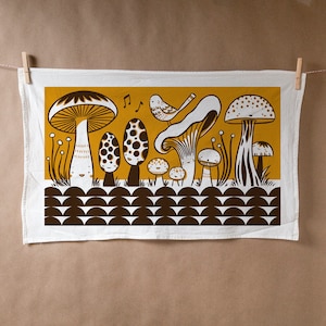 Happy mushrooms in mustard screen printed flour sack tea towel