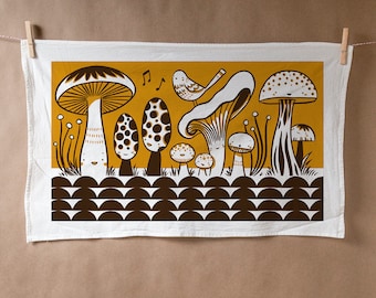 Happy mushrooms in mustard screen printed flour sack tea towel