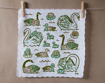 100% cotton handkerchief with scalloped edge with water fowl screen print