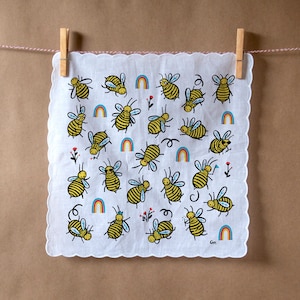 100% cotton handkerchief with scalloped edge with Bees and Rainbows screen print
